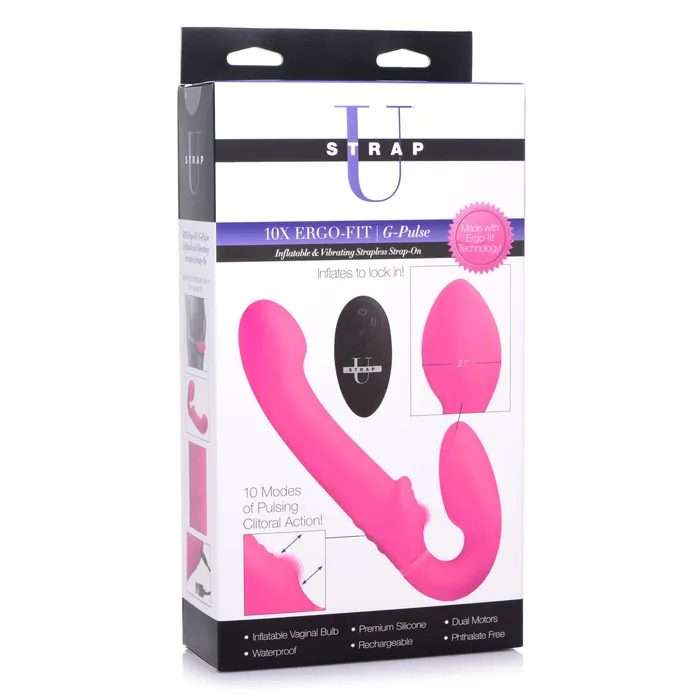 Strap U Female Sex Toys 10X ErgoFit GPulse Inflatable Vibrating Strapless StrapOn Pink